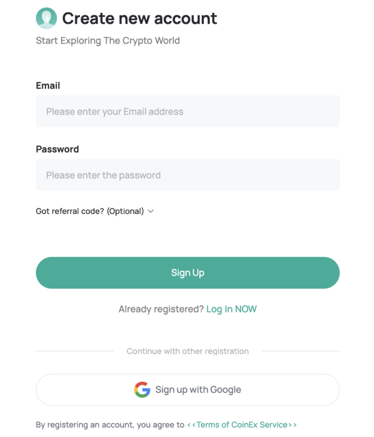 Sign up page: CoinEx