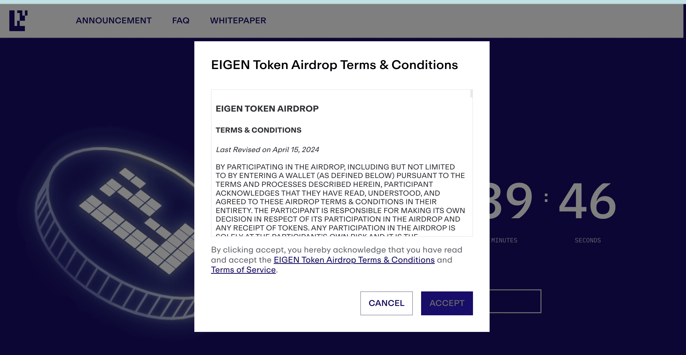 EigenLayer airdrop claim page: EigenLayer