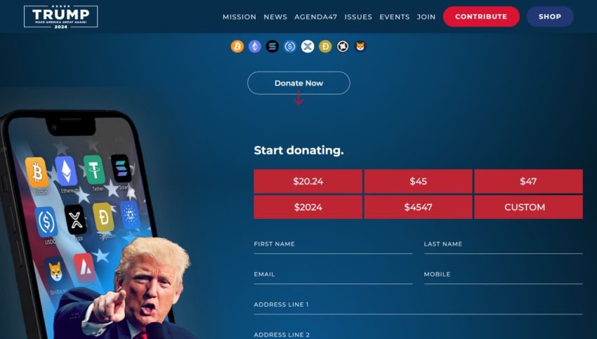 Pagina ufficiale per le donazioni di criptovalute di Donald Trump.
