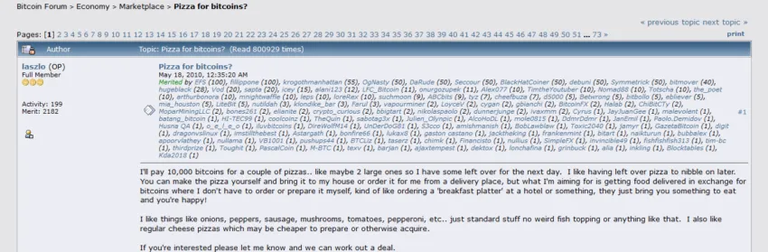 Post by Laszlo Hanyecz Offering to Pay 10,000 BTC for Two Pizzas.
