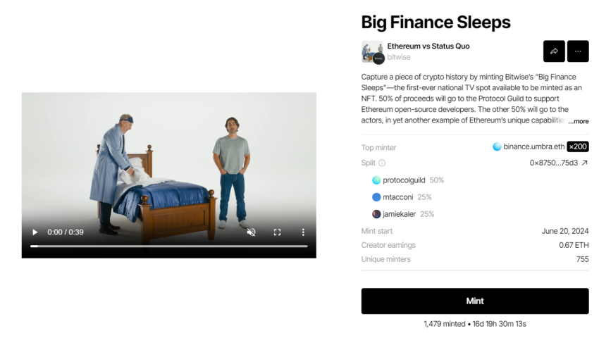 Bitwise's "Big Finance Sleeps" NFT on Zora.