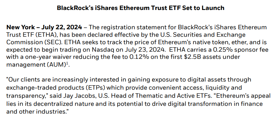 BlackRock Comment on Ethereum ETFs Launches, 