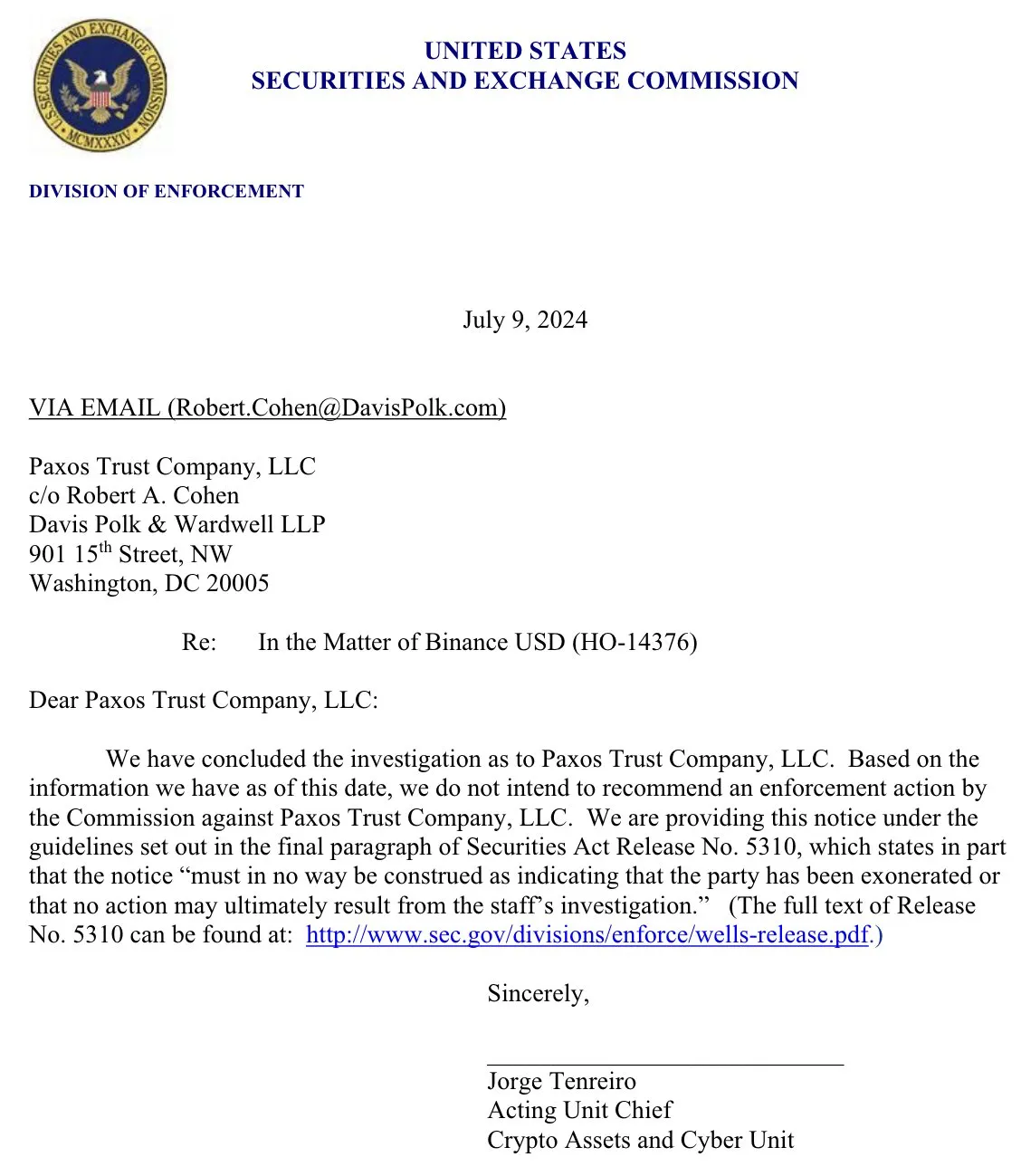 SEC letter to Paxos