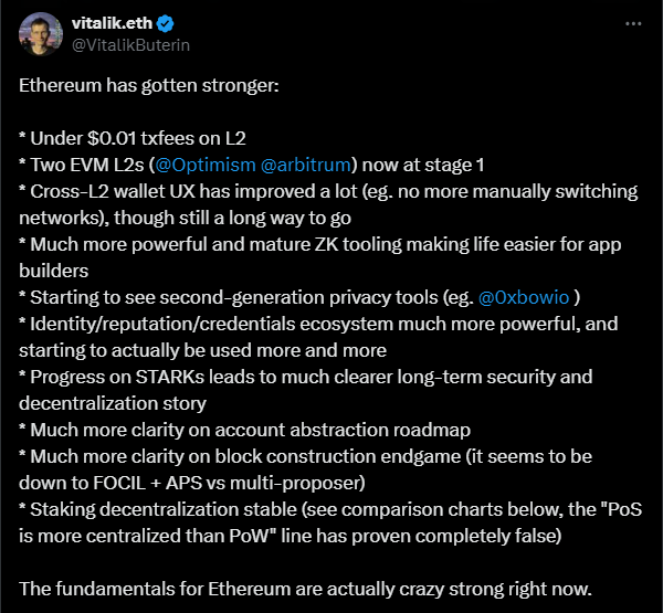 Vitalik Buterin Defends Ethereum Fundamentals, Source: X Post