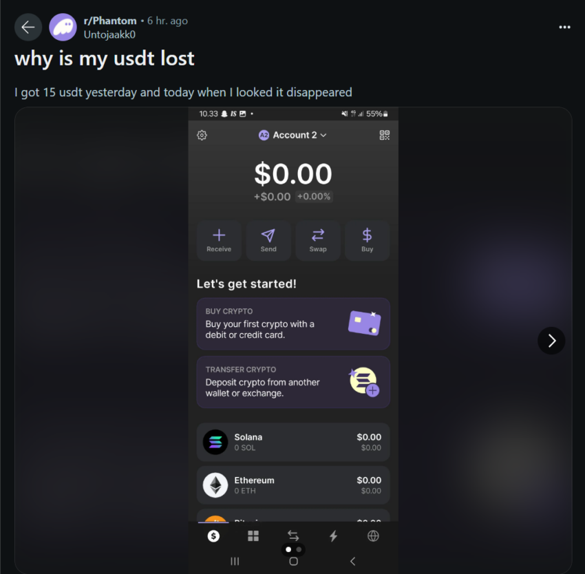 Reddit User Reports USDT Balance Missing from Phantom Wallet.