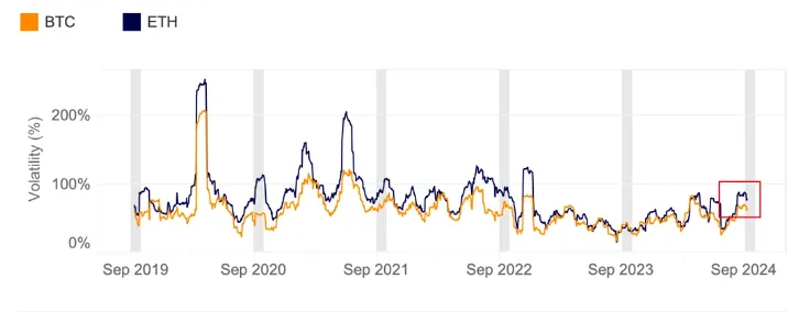 Bitcoin And Ethereum 30-D Volatility, Source Caico