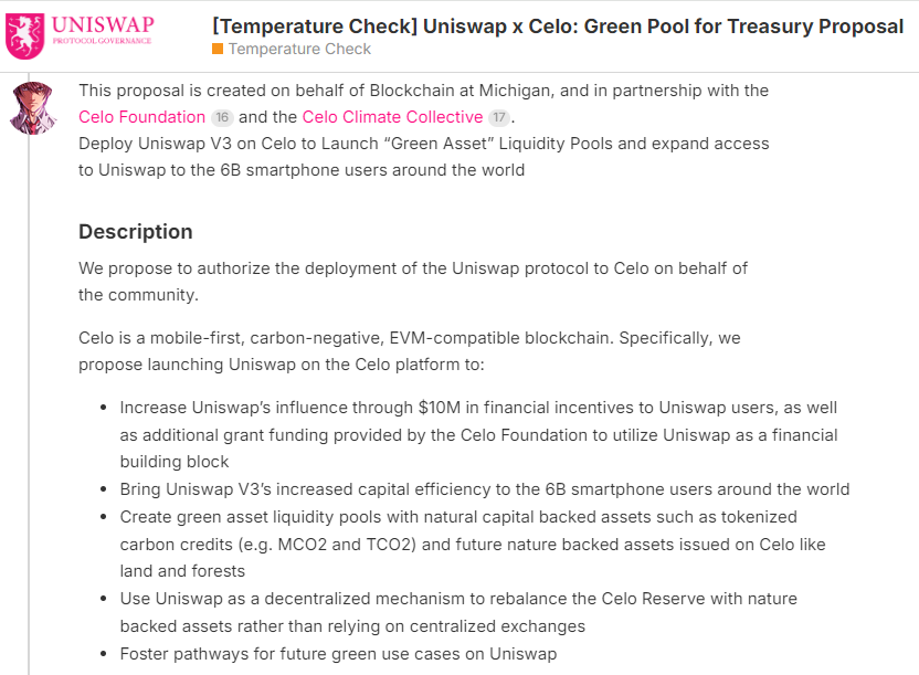 Uniswap and Celo: Green Pool for Treasury Proposal