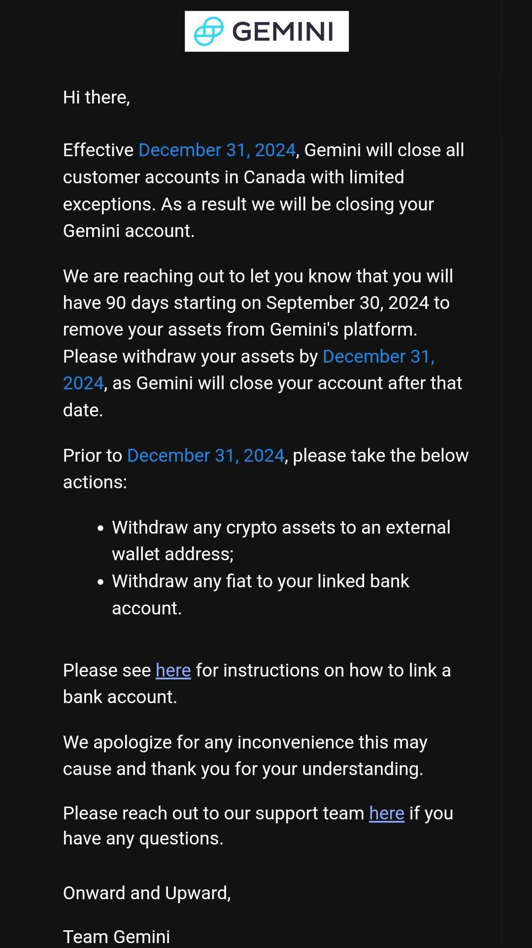 gemini email to customers