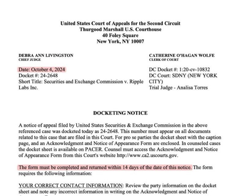 SEC Notice of Appeal in Ripple XRP Case