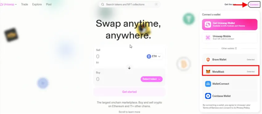 connecting walet on uniswap