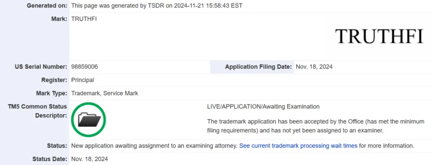 Trump Media truthfi trademark filiing