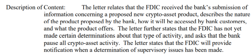 FDIC Directing a Bank to Pause Crypto Activities