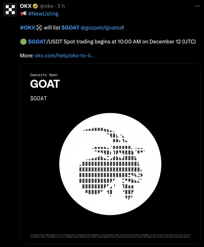 OKX Tweet Announcing GOAT's Listing.