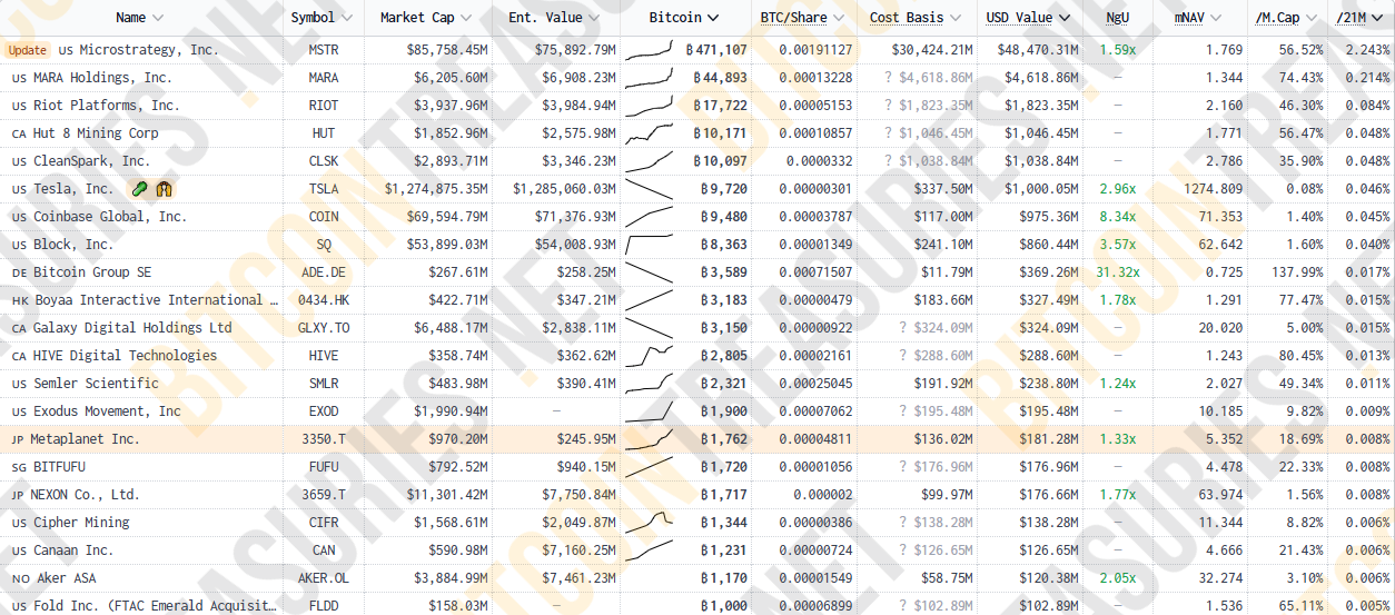 Publicly Traded Bitcoin Holders by Portfolio Size