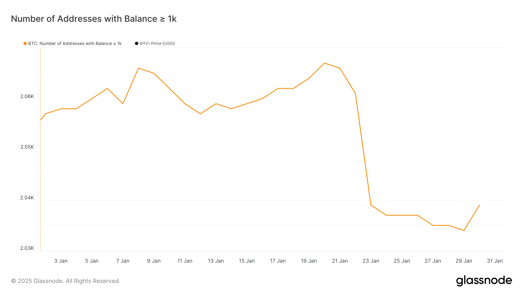 Numero di indirizzi che contengono almeno 1.000 BTC.