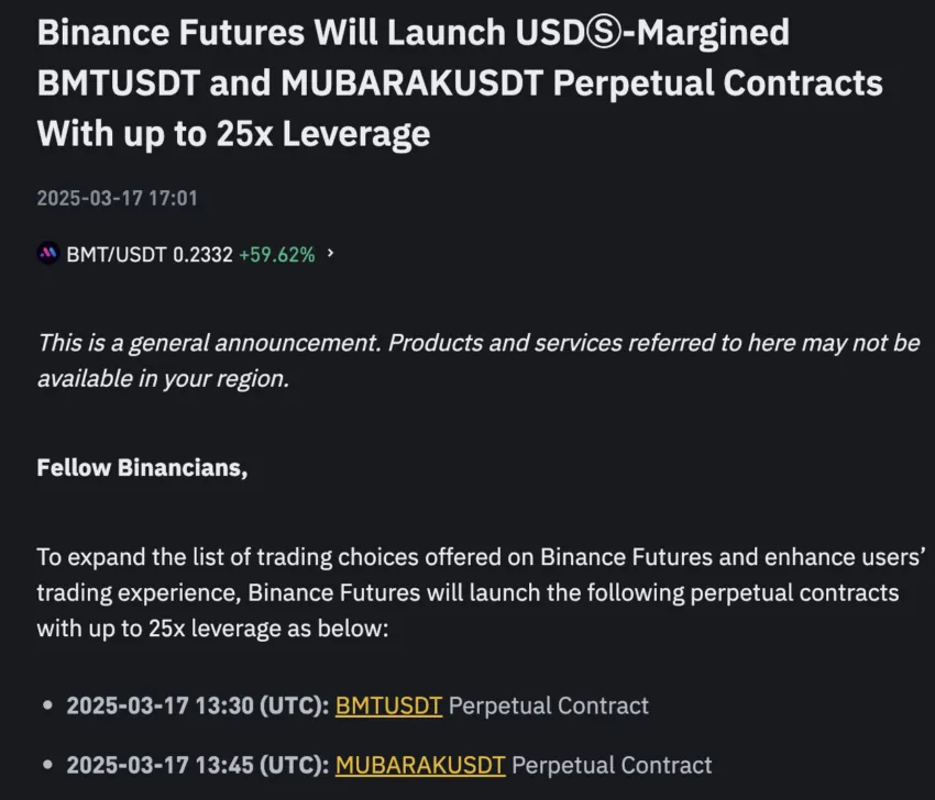 binance listing mubarak