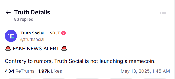 Truth Social Denies Meme Coin Launch Plans, Shuts Down Rumors