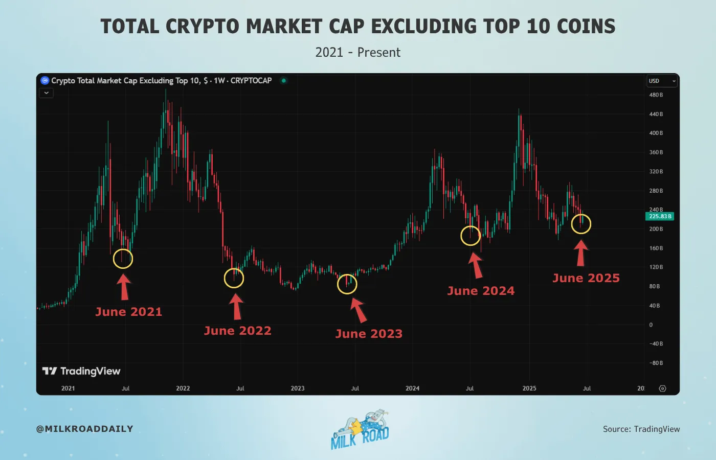 Total crypto market capitalization excluding the top 10. Source: Milk Road