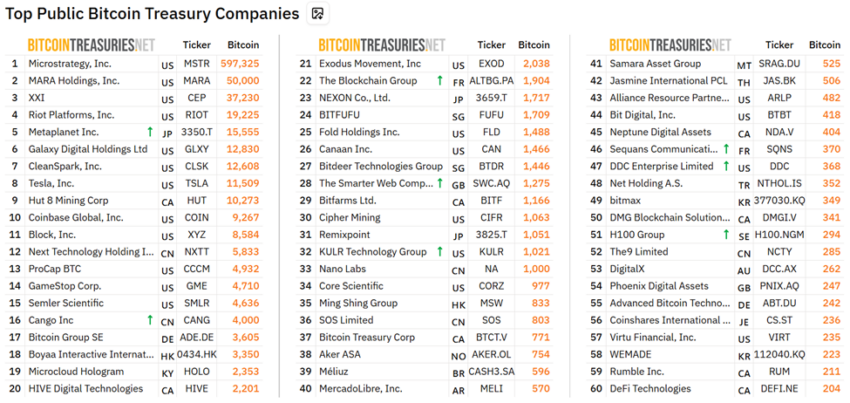 Top Public Bitcoin Treasury Companies