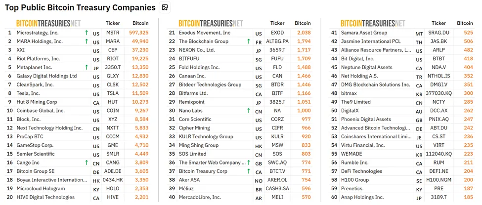 Top public Bitcoin treasury companies