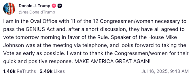 Trump Claims GENIUS Act Congressional Breakthrough