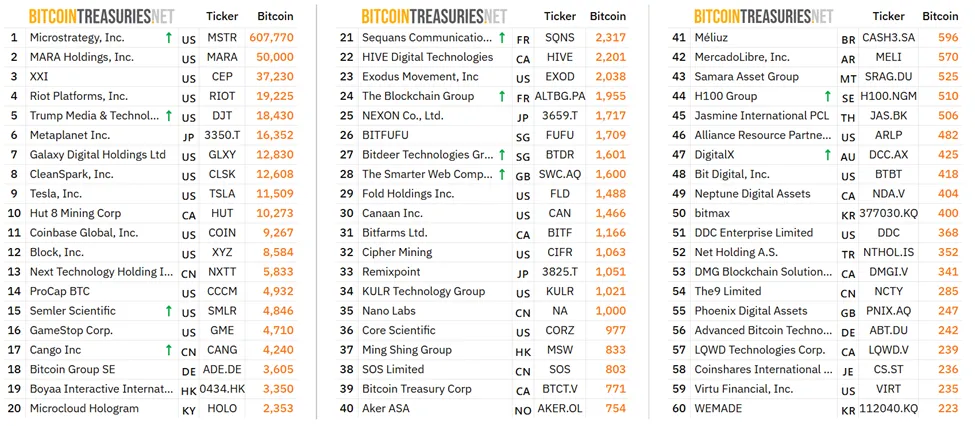 Top public companies holding BTC