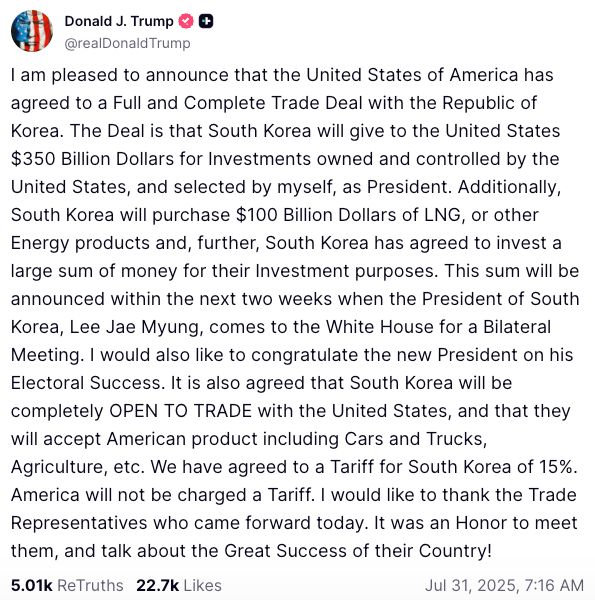 Trump Closes Korea Tariff Deal at 15%