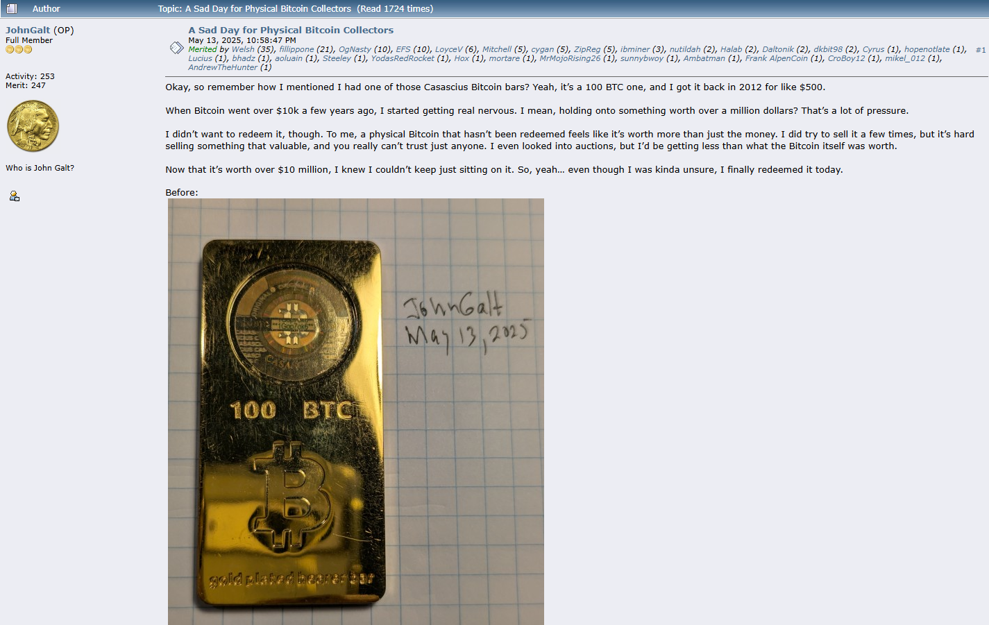 Satoshi Era Bitcoin Bar Cashed for  Million — But Trader Loses ,000 In a Twist