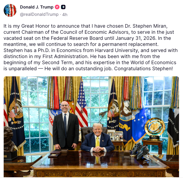 Who Is Stephen Miran? Trump’s Crypto-Friendly Pick for Fed Governor